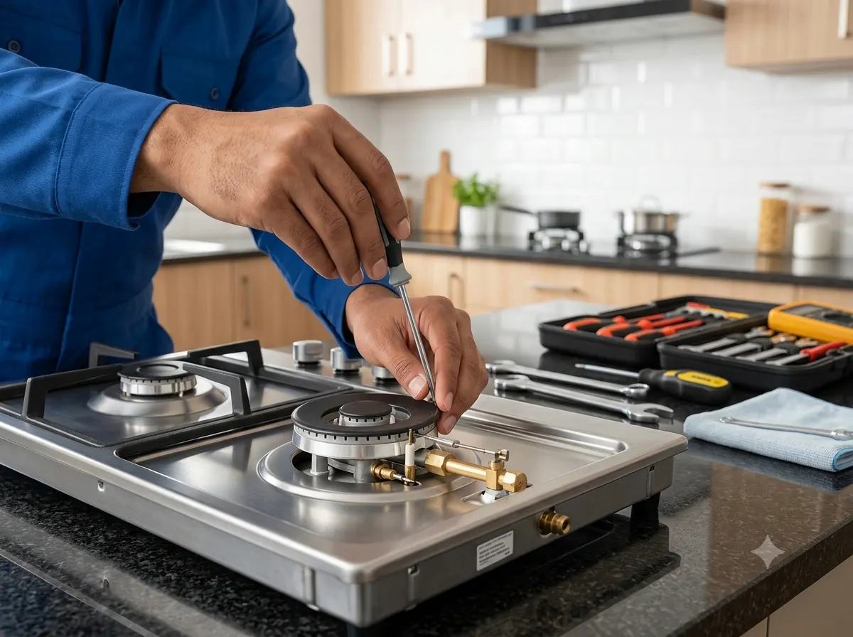 Technician repairing a stainless steel gas stove burner at a customer's home