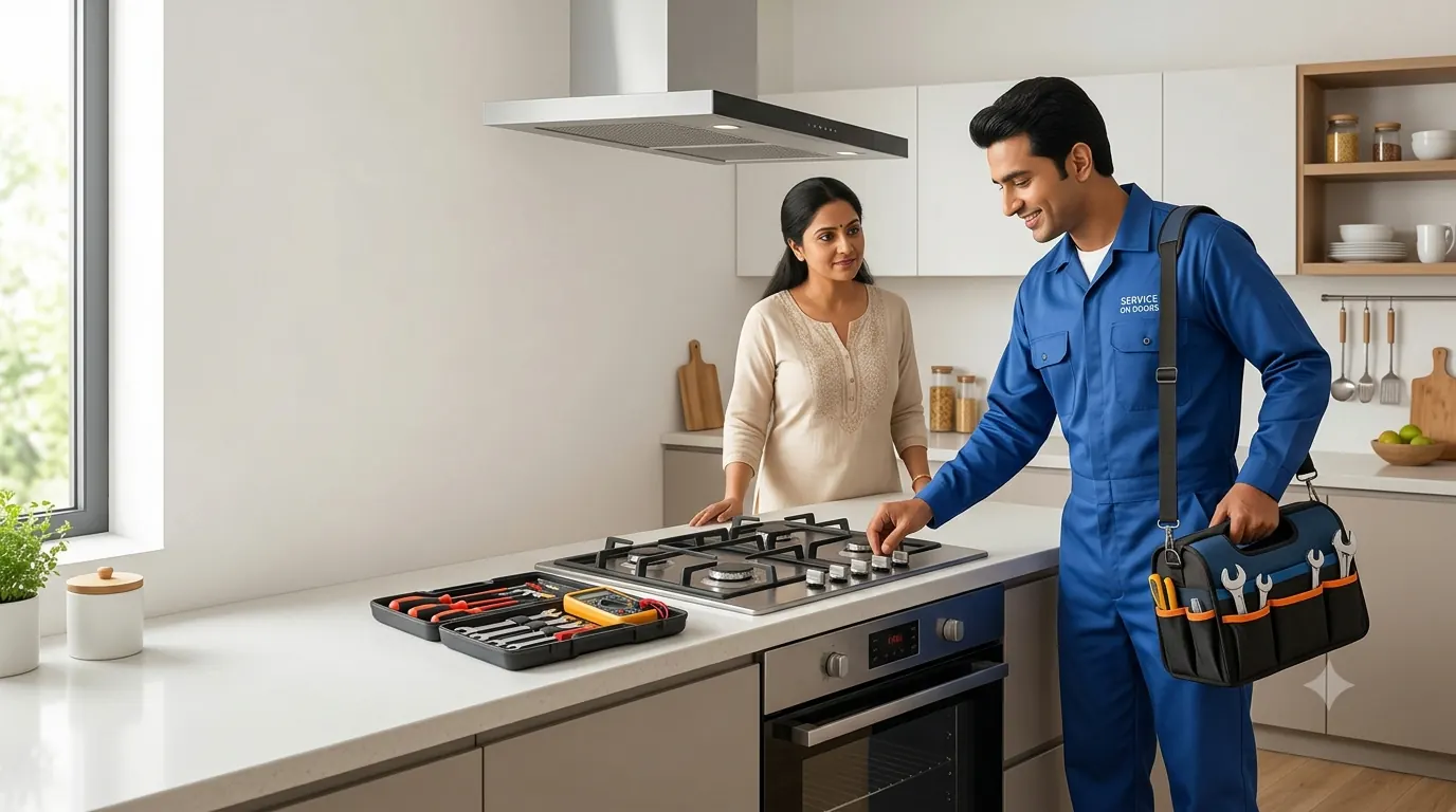 Tricity Stove Service technician checking a gas hob at a customer's home kitchen