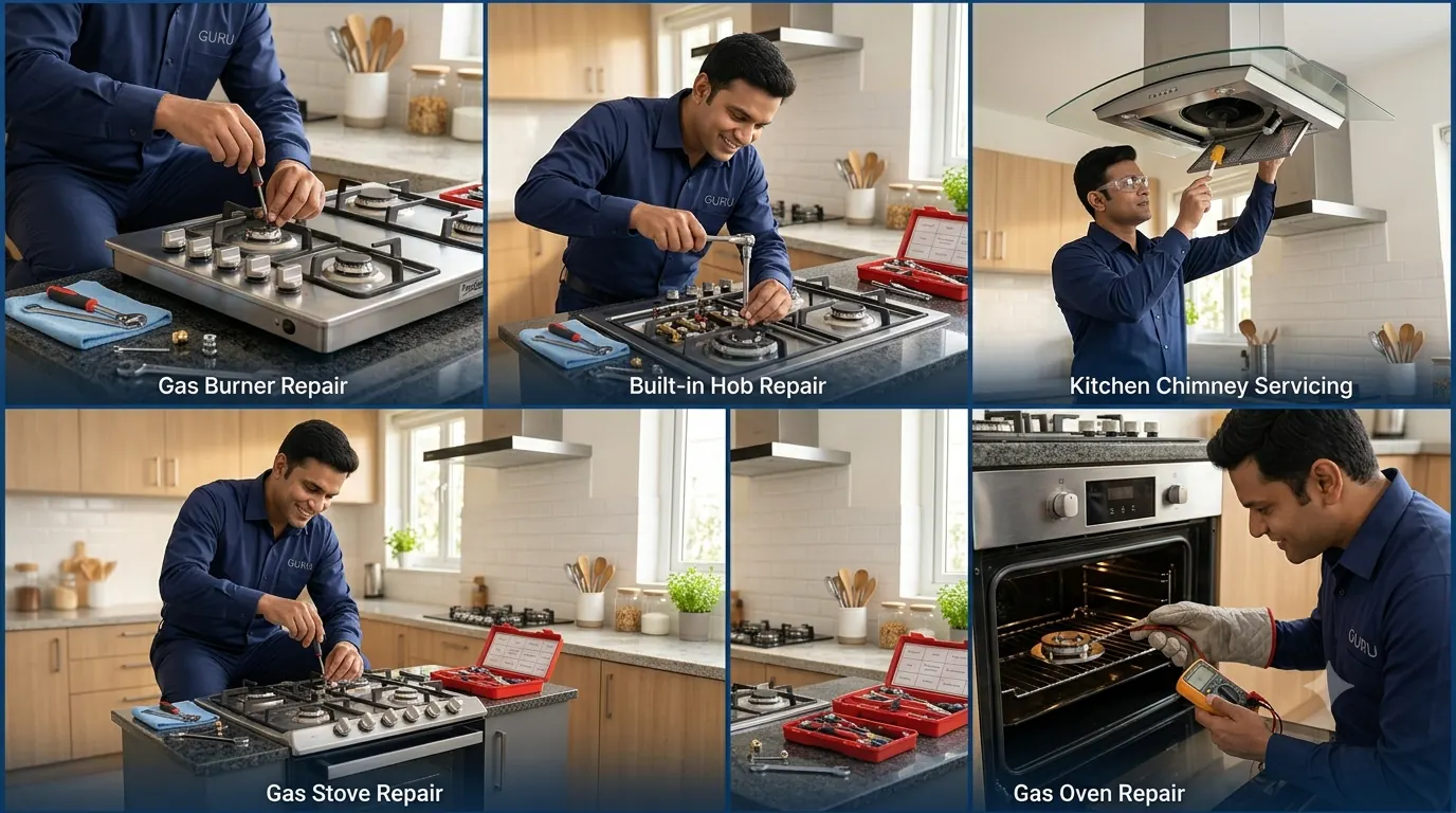 Collage of gas burner, hob, chimney, stove and oven repair work